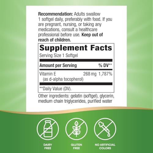 Nature's Way Vitamin E, D-Alpha Tocopherol, Essential Antioxidant, Helps Neutralize Free Radicals*, 268 mg per Serving, 100 Softgels (Packaging May Vary)