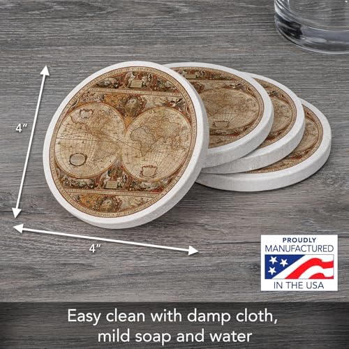 Thirstystone Old World Passages Round Natural Sandstone Coaster 4 Pack | 4" Diameter, Manufactured in the USA, Protective Cork Backing