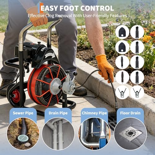 100FT x 3/8 Inch Drain Cleaning Machine with 10 Cutters & Air-Activated Foot Switch, Auto Feed Drain Snake Auger on Wheels