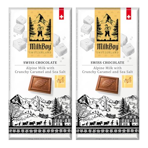 MilkBoy Swiss Chocolates Milk Chocolate Bars, Caramel Salt - 3 oz, 5 Pack | Premium gourmet treat with crunchy caramel and sea salt. Gluten free. Non-GMO. Kosher. Crafted in Switzerland.