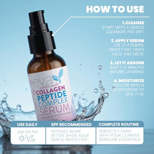 Eva Naturals Collagen Peptide Serum, Hyaluronic Acid, Fine Lines, 2 oz | Firming, hydrating, wrinkle reducer, anti-aging, for women & men, for face