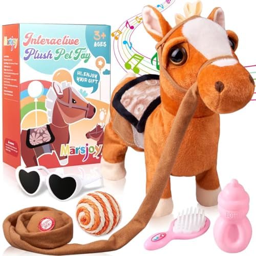 Marsjoy Walking Pony Toy Musical Singing Dancing Plush Interactive Pony Walk Along Horse with Leash Plush Stuffed Animal Shaking Head Buttocks Toy