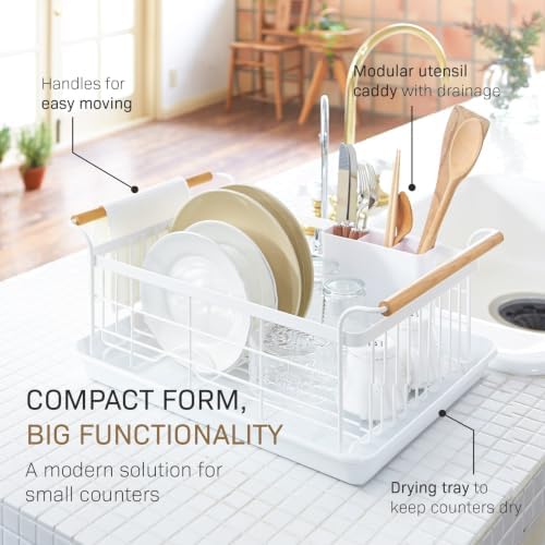 YAMAZAKI Home Dish Drying Rack – Modern White Dish Rack for Kitchen Counter with Removable Drying Tray and Cutlery Holder, Steel + Wood Dish Drying Organizer - Steel + Wood - | Modern dish drying rack organizer with steel and wood construction. Small spa…