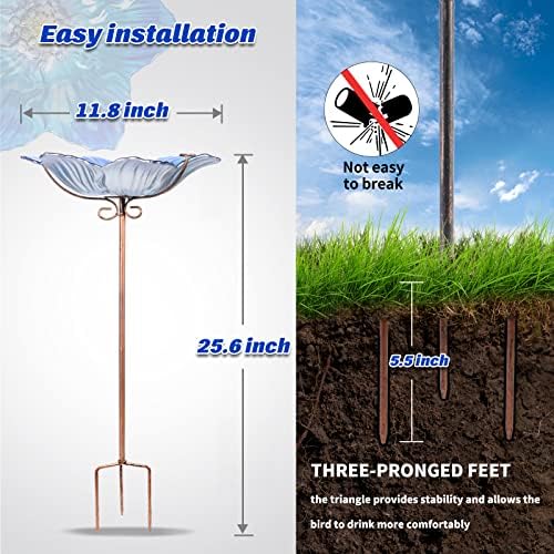 MUMTOP Glass Bird Bath Outdoor Birdfeeder Blue Flower Bowl with Metal Stake