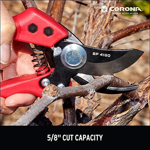 Corona BP 4180 Non-stick Steel Angled Bypass Hand Pruner - 5/8 inch Cut Capacity Stem and Branch Garden Shears, Red