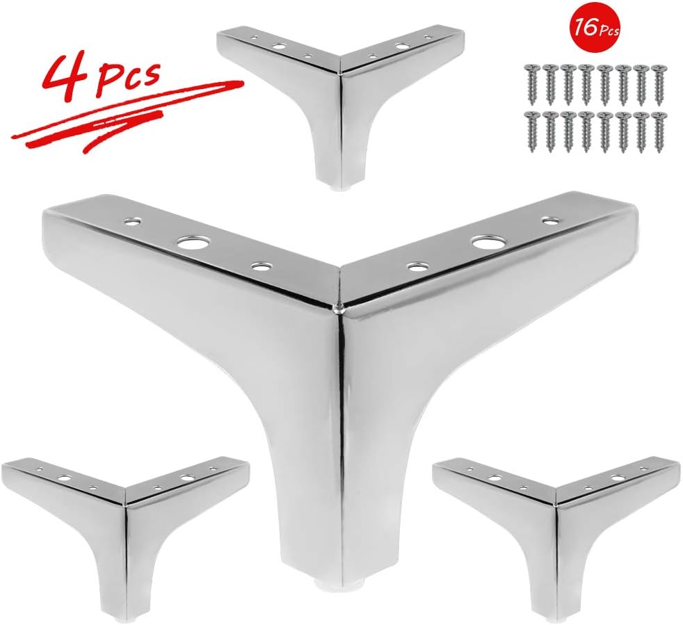 4 Pack 4 Inch Furniture Legs, Chrome Metal Polished Triangle Feet