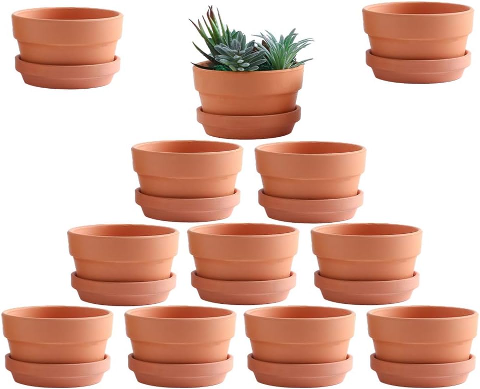 Yishang 3.5 Inch Shallow Terra Cotta pots with Saucer/Tray, Ceramic Clay Planter with Drain Hole for Succulent & Cactus Nursery Planter