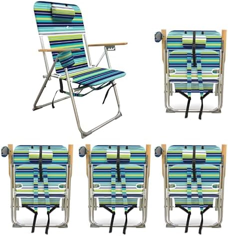 CARIBBEAN JOE Folding Beach Chair, 4 Position Portable Backpack Foldable Camping Chair with Headrest, Cup Holder, and Wooden Armrests