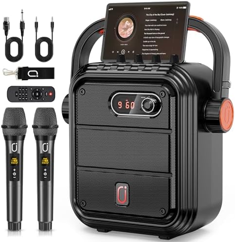 JYX Karaoke Machine with 2 Wireless Microphones, 5200mAh Portable Speaker Set Bluetooth 5.0 Rechargeable PA System with TWS, FM, REC