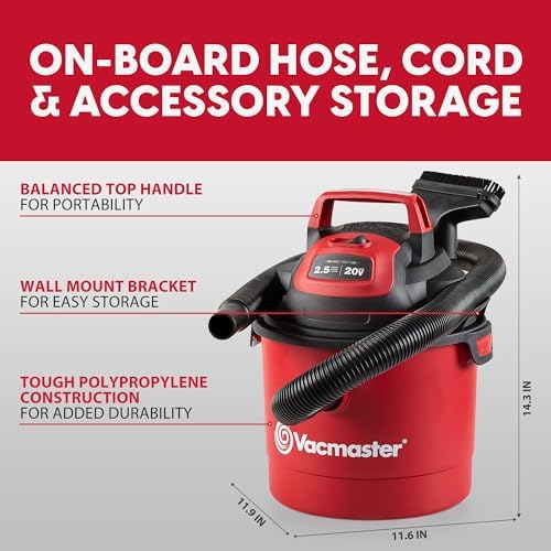 Vacmaster VOM205P 1101 2.5-Gal 2 Peak HP Wall Mount Wet/Dry Vacuum Red