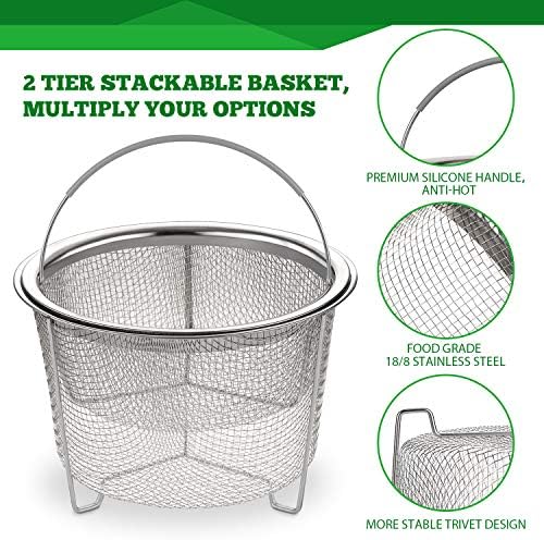 AOZITA Steamer Basket for Instant Pot Accessories 6 qt or 8 quart - 2 Tier Stackable 18/8 Stainless Steel Mesh - Silicone Handle - Vegetable Steamer
