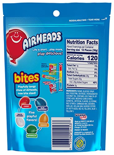 Airheads Candy Bites, Assorted Fruit Flavors, 2 Ounces (18-Pack) | Individually Wrapped Bulk Candy, Chewy Candy Bags