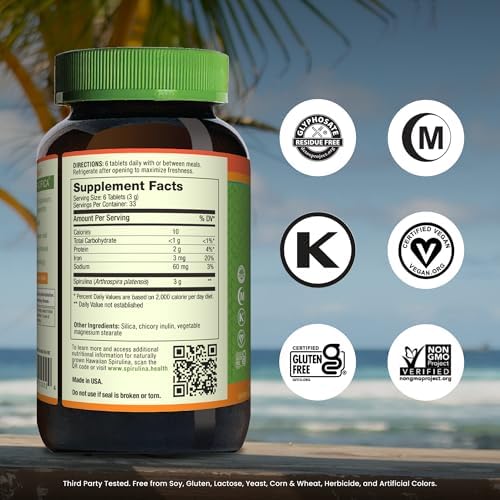 Nutrex Hawaii Pure Hawaiian Spirulina Tablets, Vegan, 500 mg, 400 Count | Spirulina Farm Grown in Kona, Hawaii, Non-GMO, Glyphosate Residue Free, 3rd Party Tested, 60% Protein, Superfood Supplement