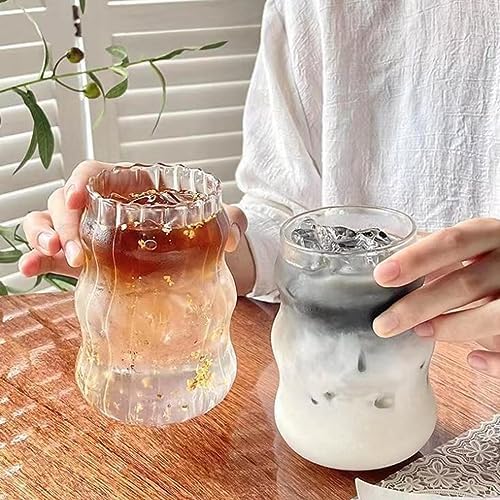 2 Pcs Ribbed Glass Cups, 18 Oz Vintage Drinking Glassware with Wave Design | Iced Coffee Cups Glass, Matcha Glass Bubble Cups for Iced Coffee, Juice