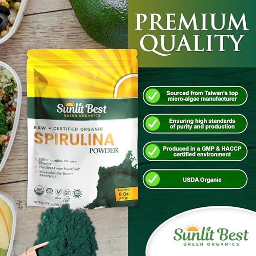 Sunlit Best Organic Spirulina Tablets, Pure Natural Superfood Pills 1000 CT | USDA Certified, 60% Vegan Protein, 18 Amino Acids, Chlorophyll Antioxidants Enzymes, Non GMO, Immune Liver & Energy Support