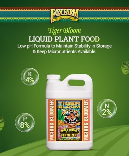 FoxFarm Tiger Bloom Liquid Plant Food - Phosphorus Fertilizer for Buds, Blooms & Flowering - Supports Soil & Hydroponic Systems - High Micronutrient Formula with 2-8-4 Nutrient Ratio - 1 Quart
