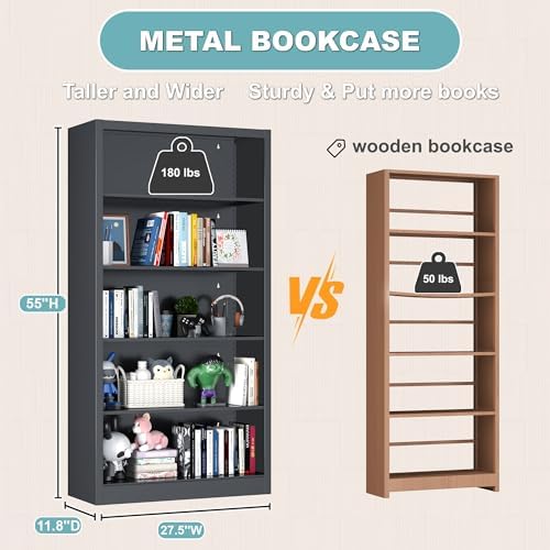 Bookcase,5 Tier White Bookshelves,66" Tall Free Standing Metal Bookcase with Adjustable Storage Shelves, Industrial Wide Bookshelf for Bedroom Living Room Home Office School