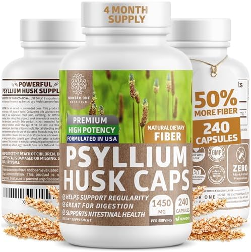 Psyllium Husk Capsules 1450mg, Soluble Fiber Support, Non-GMO, 240 Caps
