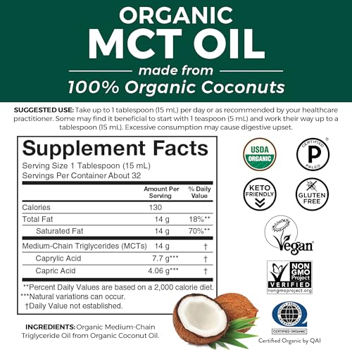 Viva Naturals Organic MCT Oil, 32 fl oz – MCT Oil for Coffee, USDA Organic, Non-GMO, Paleo Certified & Keto Friendly, Supports Energy & Mental Clarity