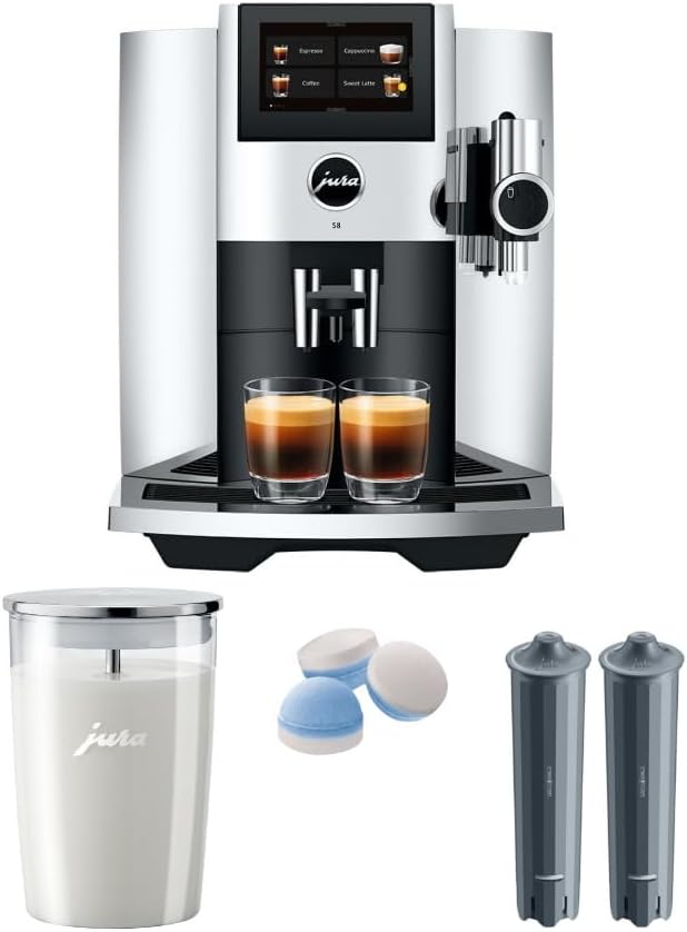 Jura S8 Automatic Coffee Machine Bundle | PEP (Chrome), Milk Container, Smart Filter Cartridges (2-Pack), Cleaning Tablets, (5 items)