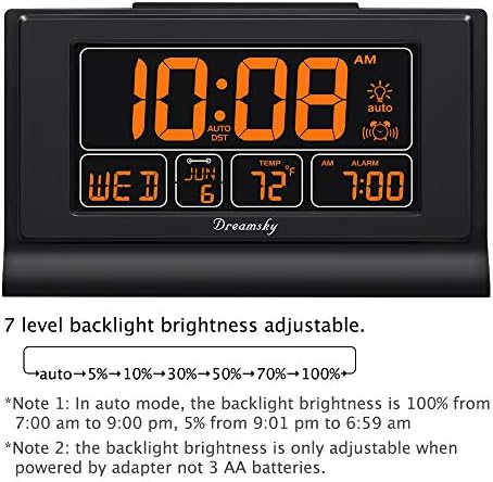 DreamSky Alarm Clocks for Bedrooms with Battery Backup, Auto Set | Digital Clock with Date & Day of Week, 5 Inch Large Display, Weekday, Temperature, USB Port, Auto DST, Brightness Dimmer