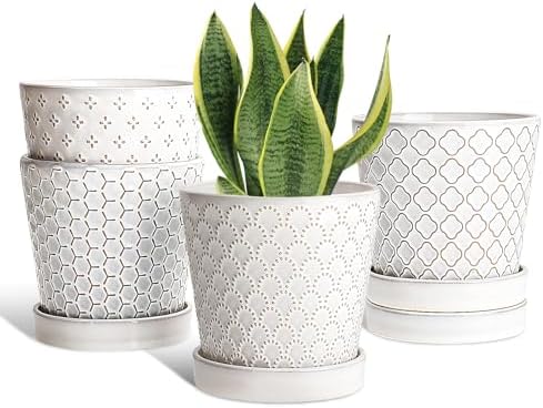 EFISPSS Ceramic Plant Pots, 5 Inch Planters with Drainage Holes and Ceramic Tray, Relief Design Flower Planter