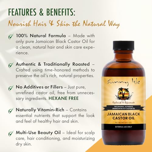 Sunny Isle Jamaican Black Castor Oil 4oz, Original, Authentic | Moisturizing JBCO for Hair Growth, Scalp Care, Edges, Eyebrows & Eyelashes, Conditioning for Dry Skin, Unscented