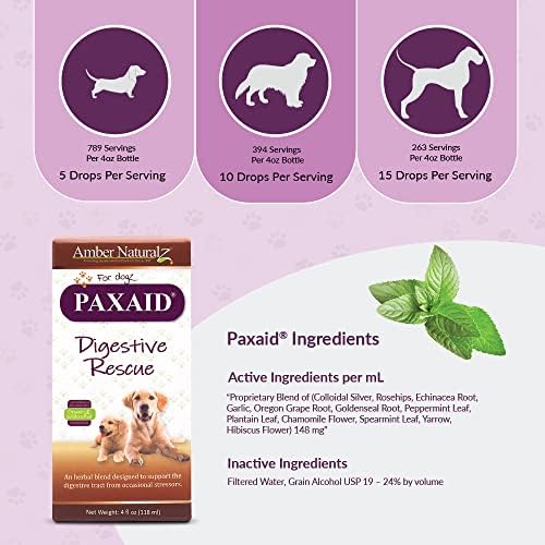 Amber NaturalZ Paxaid Dog Digestive Rescue Drops, Herbal, 1 FL OZ | Herbal digestive support drops for dogs & puppies; supports gut health, firm stools, normal appetite; USA-made
