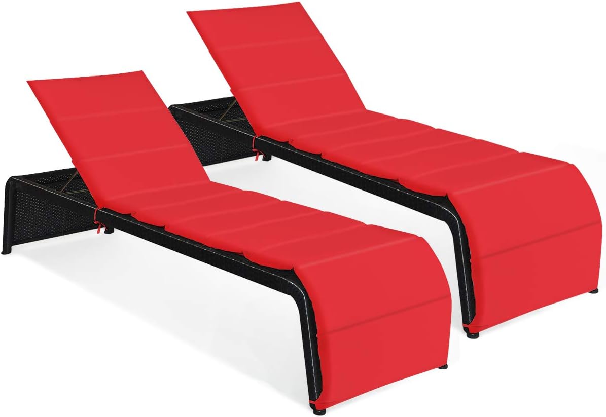 Tangkula Outdoor Chaise Lounge Chair, 5-Position Adjustable Rattan Recliner Chair w/Cushioned Seating and Adjustable Feet