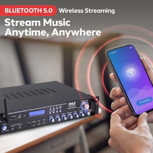 Pyle Bluetooth Home Audio Power Amplifier -4 Ch. 3000W, Stereo Receiver w/Speaker Selector, FM Radio, USB, Headphone, 2 Wireless Mics for Karaoke