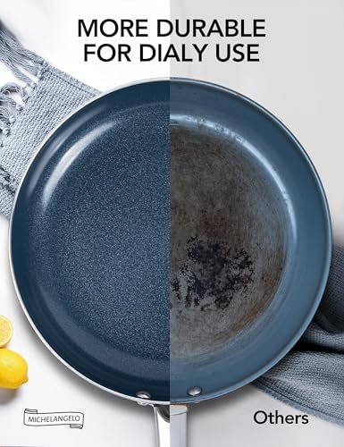 MICHELANGELO 10 Inch Frying Pan with Lid, Blue Frying Pan with Nonstick Diamond Infused Coating, Nonstick Frying Pans, Diamond Fry Pan Blue
