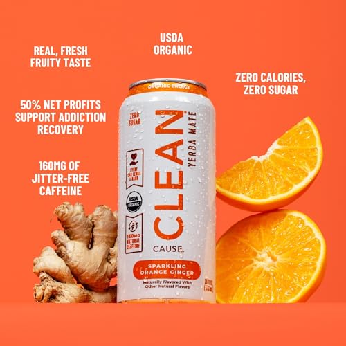 CLEAN Cause Zero Sugar Yerba Mate Organic Energy Orange Ginger, 12Pack 16oz