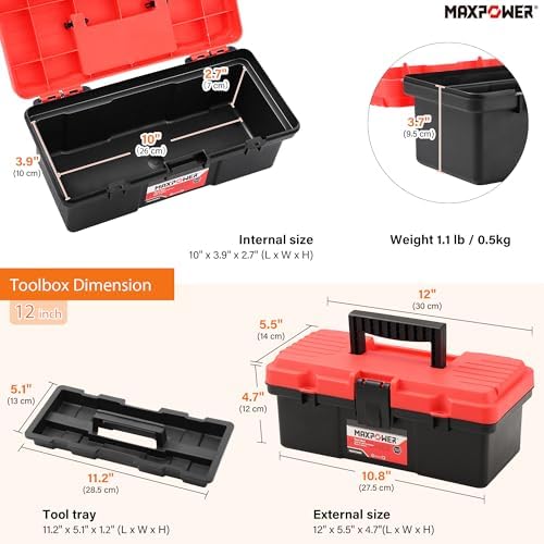 MAXPOWER Small Tool Box, 14-inch Plastic Tool Boxes with Handle | Removable Tray with Dual Lock Secured, Red Toolbox for Home