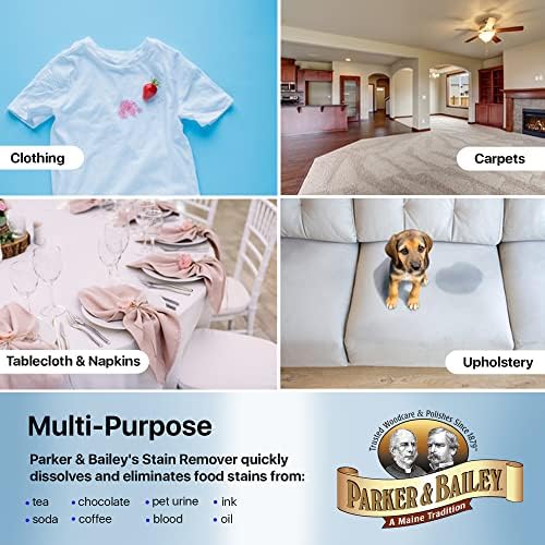 Parker & Bailey Liquid Stain Remover - Instant Stain Removal on Laundry Clothing Fabric Ink Grease Blood Grass Coffee Wine Food Carpet Upholstery Spot Cleaner Odor Free Detergent Booster, 8oz