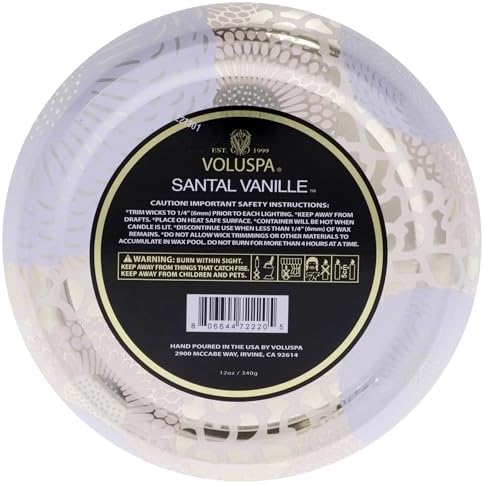 Voluspa Santal Vanille, 3 Wick Tin Candle, 12 oz, 40 Hour Burn Time, Coconut Wax for Clean Burning, Handcrafted in the USA