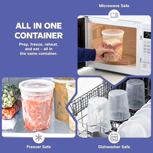 GUSTO 32 oz Plastic Deli Containers with Lids [24 Sets] Food Storage | Microwave, Dishwasher & Freezer Safe, Disposable or Reusable, BPA Free, Leak-Proof, Soups, Takeout, Meal Prep & Leftovers