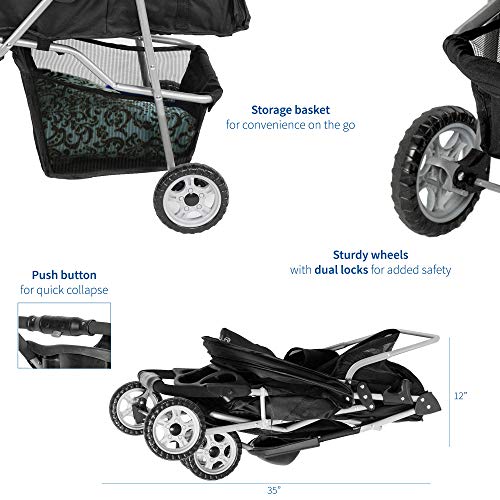 VIVO Black 3 Wheel Pet Stroller for Cat, Dog and More, Foldable Carrier Strolling Cart, STROLR-V003K
