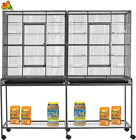 64" Extra Large Double Flight Bird Wrought Iron Double Cage Slide Out Center Divider Side Nesting Box Door Parrot Cage Cockatiel Conure with Removable Rolling Stand Storage Shelf