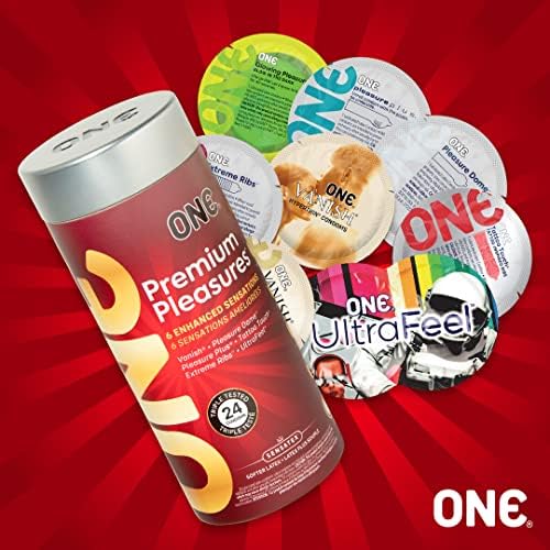 ONE® Premium Pleasures™ Condoms | 6 Pleasure-Enhancing Styles | Variety Pack | Ultra Thin Latex Condoms | Extra Lubricated | Triple Tested