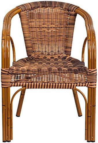 EMMA + OLIVER Brown Rattan Patio Chair with Dark Red Bamboo | Durable Construction, Commercial Use