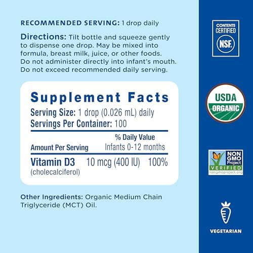 Mommy's Bliss Organic Baby Vitamin D Drops, No Artificial Color, 0.11 Fl Oz | Vitamin D3 that promotes healthy growth and bone development in newborns and up; 100 servings per pack