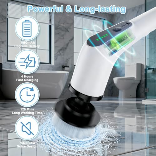 Electric Spin Scrubber, Cordless Cleaning Brush with 8 Replaceable Brush Heads, Shower Scrubber with Adjustable Extension Handle