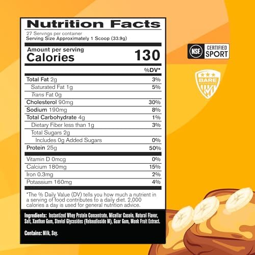 BARE PERFORMANCE NUTRITION, BPN Whey Protein + Casein Protein Powder Blend, Vanilla, 25g Protein per Serving Supports Lean Muscle Recovery