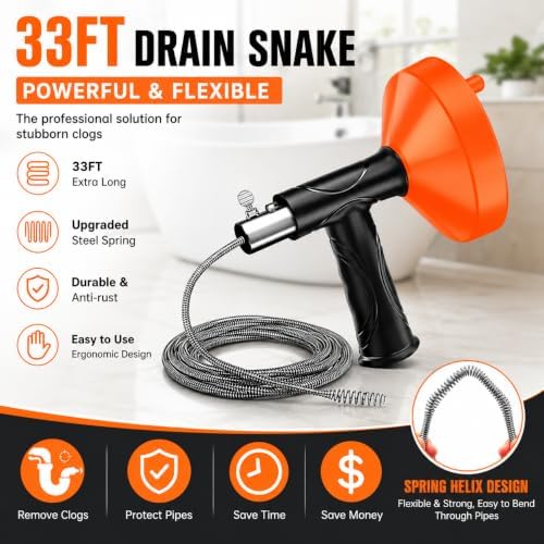 33 Feet Drain Snake Auger, Plumbing Snake Drain Hair Clog Removal Tool, Sink Unclogger Drain, Heavy Duty Drum Auger