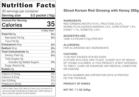 Pocheon 200g(20g x 10) 6Years Sliced Korean Panax Red Ginseng Root with Honey, Natural Immune Support