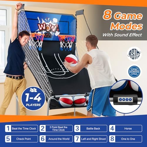 GYMAX Arcade Basketball Game Indoor Foldable with 8 Game Modes, Arcade Sound, 4 Balls and Inflation Pump, Electronic Basketball Games for All Ages Home