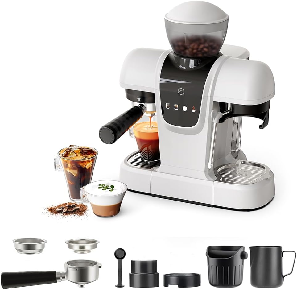 RECAFIMIL Semi-Automatic Espresso Machine with Grinder, 20 Bar, Compact Professional Coffee Maker with Milk Frother, Latte & Cappuccino