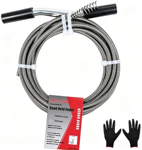 25FT Handheld Drain Auger, Heavy Duty Plumbing Snake for Clogged Drains, 3/8 Inch Diameter Manual Drain Cleaner for Sink, Bathtub