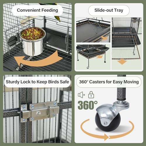 ZENY 68-Inch Birdcage, Playtop Parrot Cage, Wrought Iron Bird Cage with Rolling Stand