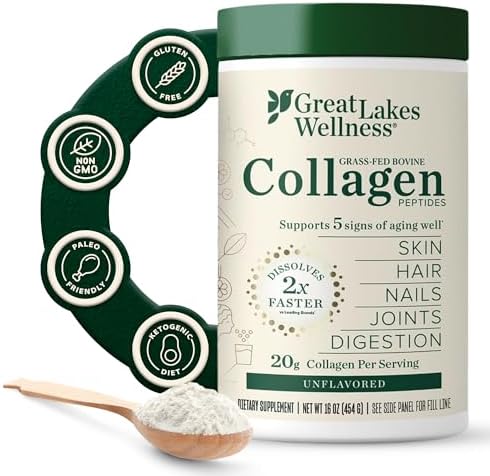 Great Lakes Wellness Collagen Peptides Powder – Supports Skin, Hair, Nails, Joints & Digestion – Hydrolyzed, Non-GMO, Keto & Kosher – Pure Collagen Protein (16 oz, 22 Servings) Packaging may vary
